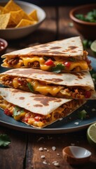 Golden-brown quesadillas filled with melted cheese, chicken, and veggies, served on a white plate with a side of lime and cilantro, perfect for a delicious Mexican meal