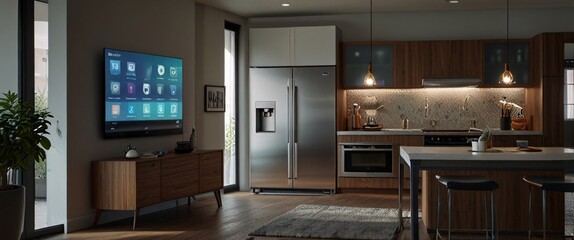 power of the Internet of Things with a visually stunning image of a smart home filled with various connected devices and appliances AI, such as smart refrigerators, coffee makers, and ovens