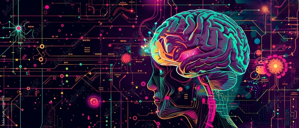 Poster a high-tech human brain composed of mechanical cogs and electronic circuits ,the fusion of human int