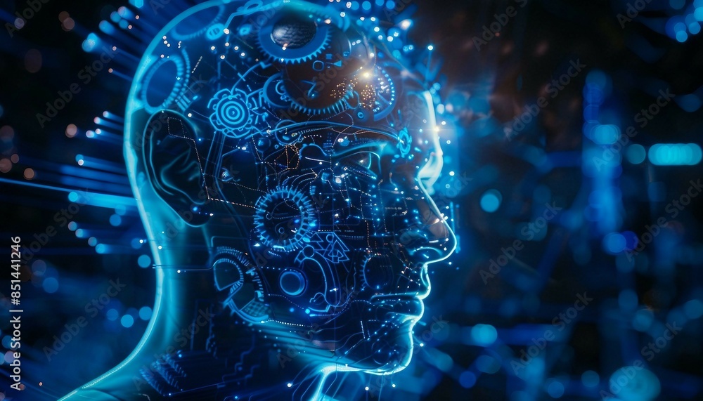 Poster a high-tech human brain composed of mechanical cogs and electronic circuits ,the fusion of human int