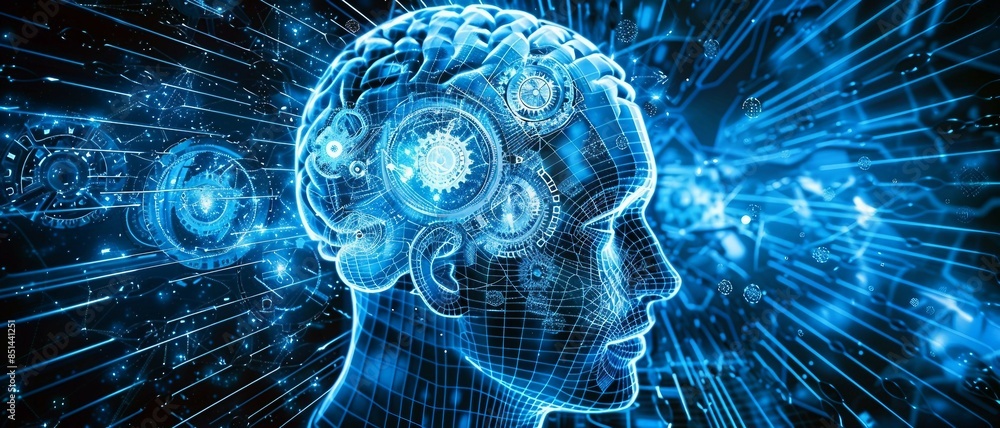 Poster a high-tech human brain composed of mechanical cogs and electronic circuits ,the fusion of human int