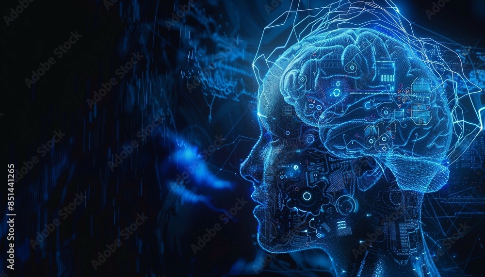 Poster a high-tech human brain composed of mechanical cogs and electronic circuits ,the fusion of human int