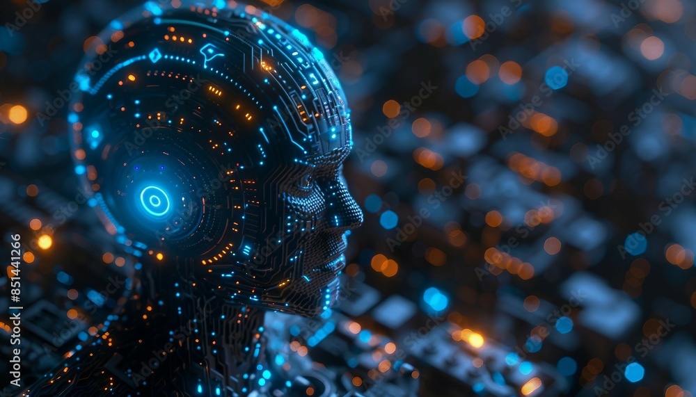 Poster a high-tech human brain composed of mechanical cogs and electronic circuits ,the fusion of human int