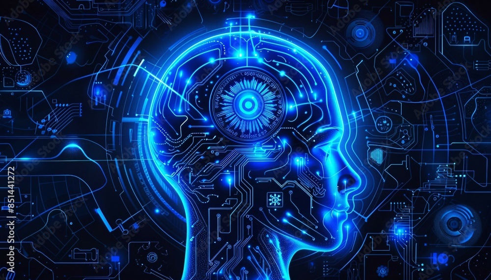 Poster a high-tech human brain composed of mechanical cogs and electronic circuits ,the fusion of human int