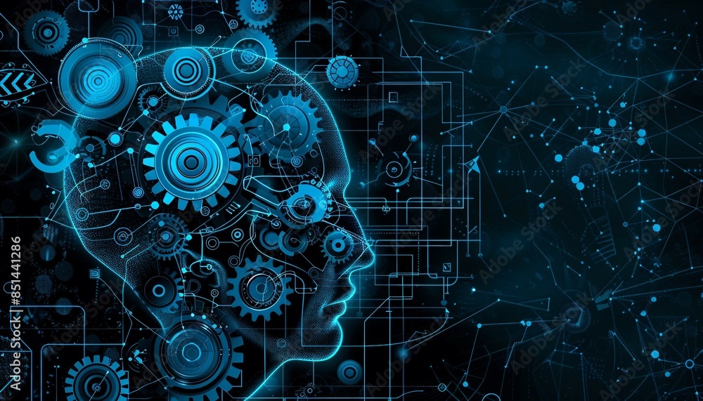 Poster a high-tech human brain composed of mechanical cogs and electronic circuits ,the fusion of human int