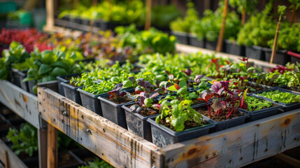 Seedlings various plants growing in pots on wooden shelf in urban farming technology, seedling gardening sustainable