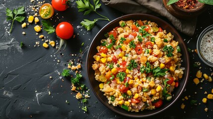 Rustic cornbread salad with fresh tomatoes red onion bell pepper parsley crumbled cornbread in bowl on dark background