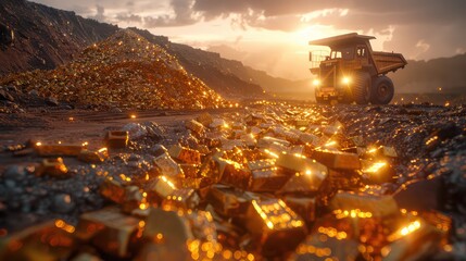 A mining machine places gold bars on a growing pile in a mining field.