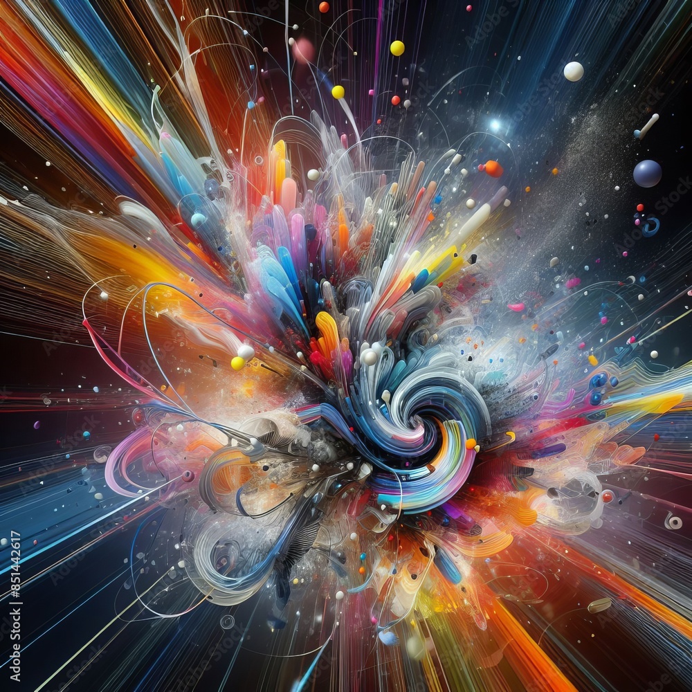 Poster dynamic explosion of vibrant colors and swirling light trails in a digital art piece, showcasing a m