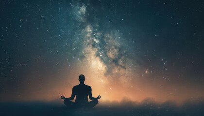 A silhouette of a person meditating under the starry sky and Milky Way, creating a serene and calming atmosphere for inner peace and reflection.