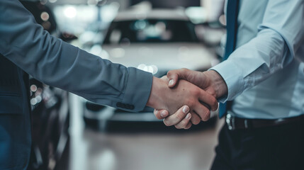 Customer and Sales Assistant Shaking Hands in Car Showroom. A professional photograph capturing the moment of a handshake between a customer and a sales assistant inside a modern car showroom. 