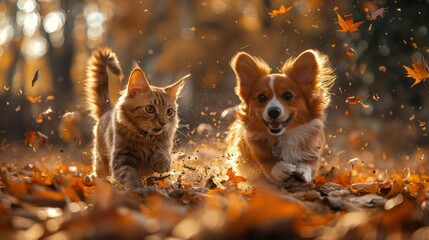A playful scene of a cat and dog pouncing on a pile of fallen leaves together.