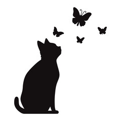 A cat silhouette looking up at black butterfly silhouettes 