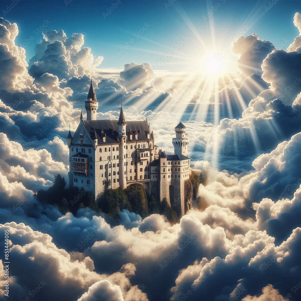 Poster a grand castle floats high in the clouds, illuminated by radiant sunlight breaking through the sky, 