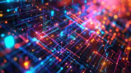 Obraz premium Abstract colorful neon lines and dots forming intricate digital circuit. Futuristic technology and network concept.