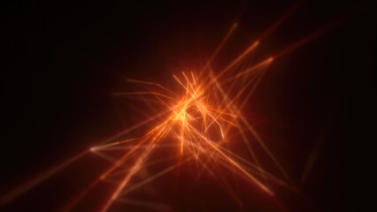 Abstract bright yellow glowing background with flying neon star lines made of energy particles and light rays