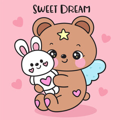 Fototapeta premium teddy bear hug rabbit bunny doll kawaii animal bedtime story
