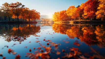 Obraz premium Breathtaking autumn landscape with vibrant foliage reflecting in a serene lake under a clear sky, showcasing nature's beauty in fall.