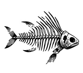 fish skeleton black vector silhouette sketch, decorative no color shape on tansparent background, outline separate simple illustration print, laser cutting and engraving