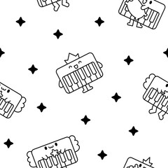 Naklejka premium Cute piano character. Seamless pattern. Coloring Page. Cartoon musical instrument with different emotions. Hand drawn style. Vector drawing. Design ornaments.