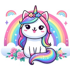 A cat design graphic with rainbow hair and a unicorn horn engaging.