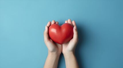 Obraz premium Hands hold a red heart on a blue background to represent love, romance and affection. 