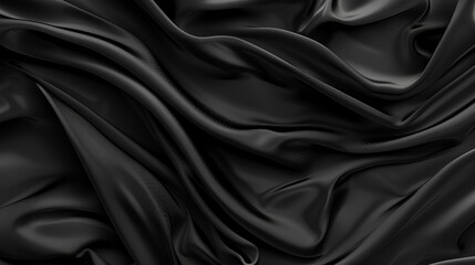 Black silk satin background, top view, dark abstract wallpaper. Black cloth texture, wavy surface, dark fabric pattern, minimalistic background, 3d rendering