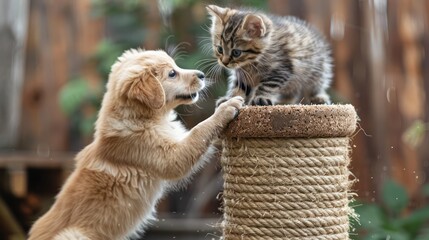 A cat perched on a scratching post while a dog jumps up, trying to reach it playfully.