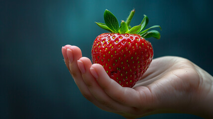 Obraz premium Fresh Strawberry in Woman's Hand - Vibrant Red Color and Juicy Texture with Copy Space