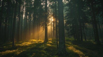 Fototapeta premium Sunlight streaming through dense forest trees, creating a serene and magical atmosphere in early morning. Perfect nature landscape.