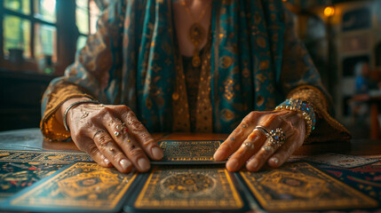 Expertise in Divination - Close-up of Woman's Hands Shuffling Tarot Cards with Detailed Designs and Symbols