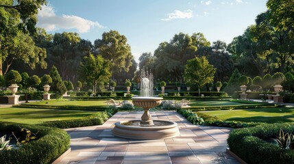 elegant garden terrace with manicured lawns, sculpted hedges, and a classic fountain centerpiece for outdoor relaxation and entertainment