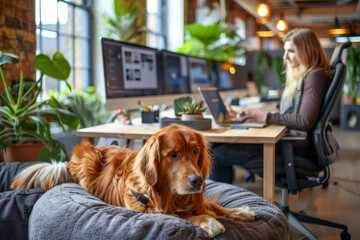 A pet-friendly office featuring a relaxed golden retriever on a dog bed and a female professional...