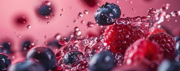 Close-up of fresh raspberries and blueberries splashing in water, capturing the vibrant colors and textures of the fruits.