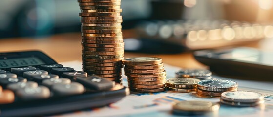 Close-up of stacked coins and a calculator on a desk, representing financial planning, savings, and investment concepts.