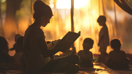 Preschool teacher reading to children  early childhood education (surreal, silhouette) play area
