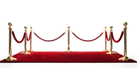 Red carpet and golden barriers front view isolated fence on white background