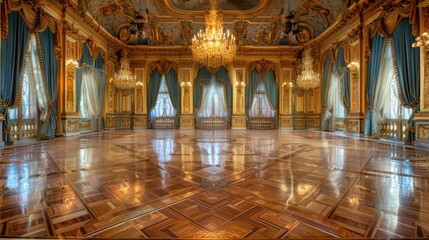 Fototapeta premium opulent ballroom with ornate gold trimmings, velvet drapes, and a glossy parquet dance floor