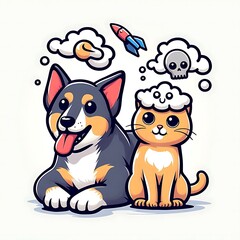 A dog design drawing graphic and cat design drawing graphic with clouds and a rocket creative highquality Vibrant Illustrative.