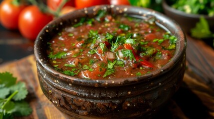 Traditional mexican homemade salsa sauce in bowl with parsley