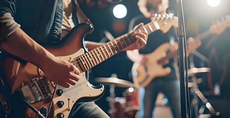 Obraz premium Musician playing electric guitar on stage with drummer under spotlight