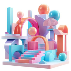 Colorful abstract geometric shapes composition in pastel colors, modern 3D rendering, ideal for backgrounds, and design elements.