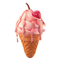A delicious strawberry ice cream cone with fresh strawberry topping and pink sauce, perfect for refreshing your day with a sweet treat.