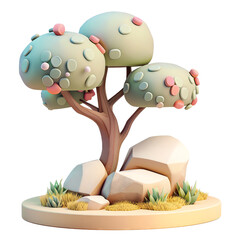 3D render of a stylized tree with colorful foliage and rocks on a small patch of land, showcasing a cartoon-like environment.