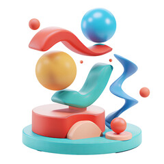 Colorful abstract 3D geometric shapes composition, featuring spheres, ribbons, and organic forms in a modern and playful arrangement.