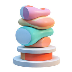 Colorful abstract 3D sculpture with vibrant shapes stacked in an artistic composition, isolated on white background.