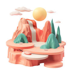Abstract 3D landscape with mountains, clouds, and sun in pastel colors, perfect for creative projects and backgrounds.