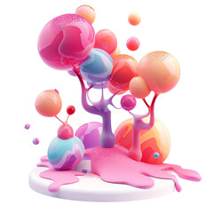 Colorful abstract 3D render with vibrant spheres and organic shapes, showcasing vivid pastel colors and creative digital design.