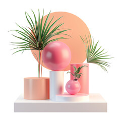 Modern abstract composition with geometric shapes and tropical plants in pink and green, perfect for contemporary design projects.