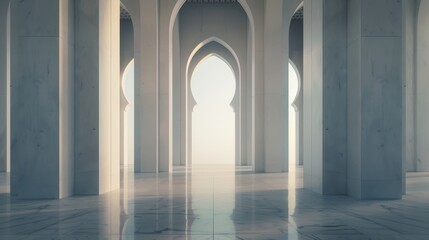 Elegant architecture with tall, arched doorways casting soft light on polished floors in a tranquil, spacious environment.